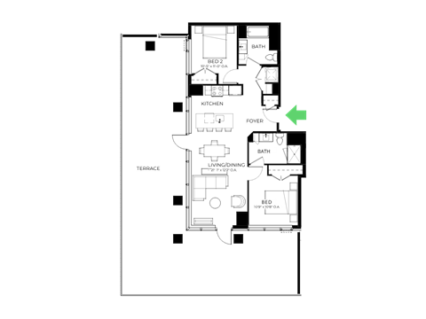 Floor plan for 2 beds, 2 baths, 1011 sqft